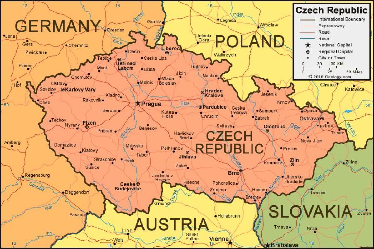 Karte der Tschechischen Republik (Tschechoslowakei) und der angrenzenden Länder