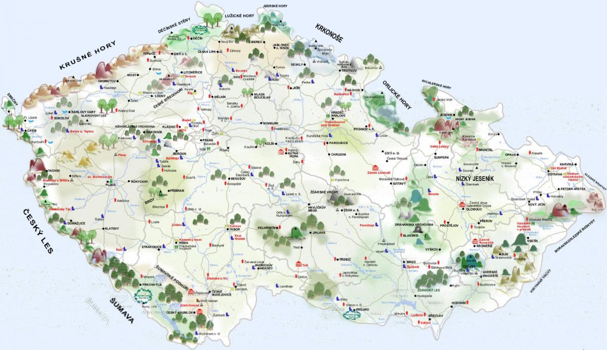 Karte der touristischen Attraktionen der Tschechischen Republik (Tschechoslowakei)